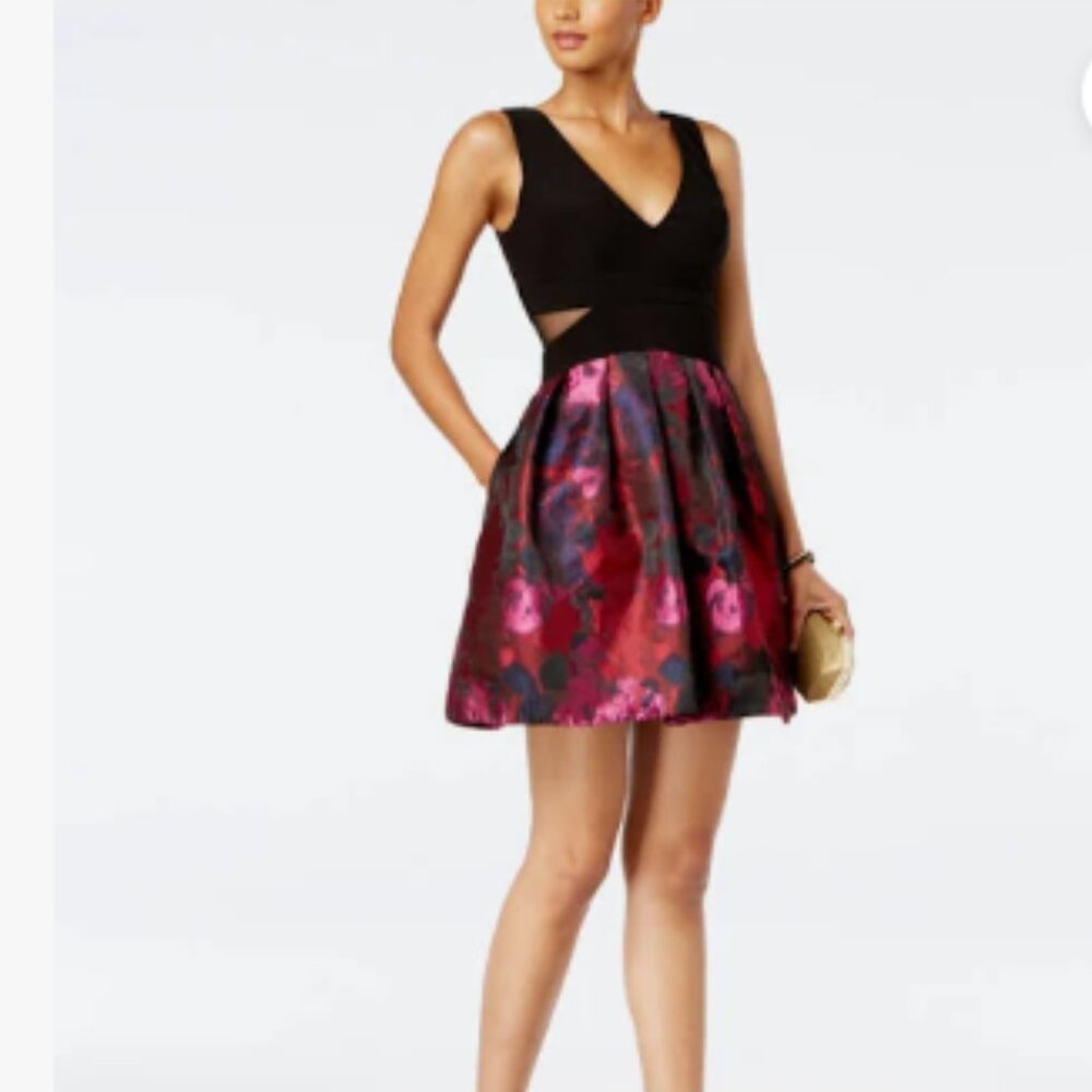 Xscape Floral Print Fit & Flare Dress Black Pink Red US 6 Mesh Waist Pockets